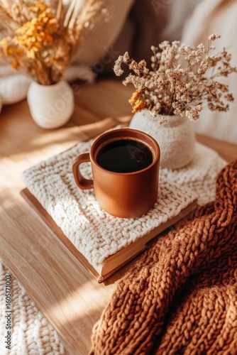 Cozy Reading Nook With Coffee and Flowers at Sunset in Autumn.
