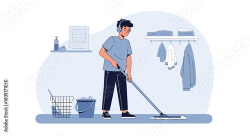 Person Cleaning The Floor While Wearing Headphones At Home Flat Design