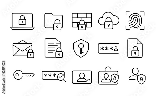 Security icons set with lock, password, key, fingerprint, shield, file, cloud, firewall