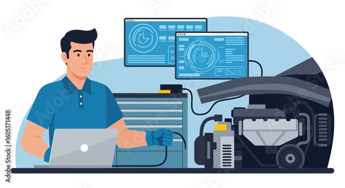 Mechanic Diagnosing Engine Performance Using Laptop and Diagnostic Software