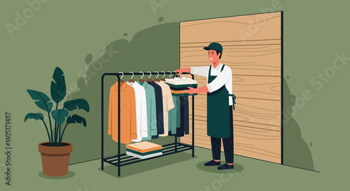 Smiling Laundry Worker Organizing Clothes on Rack at Home or Workplace