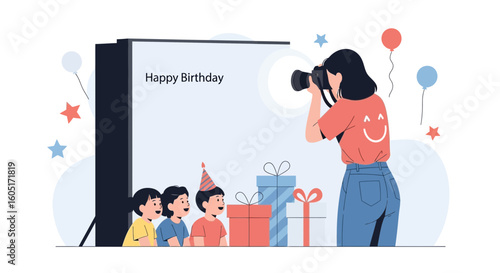 Professional Photographer Capturing Joyful Birthday Moments With Cheerful Youngsters