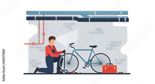 Mechanic Repairing Bicycle At Home With Headlamp And Toolbox Equipment