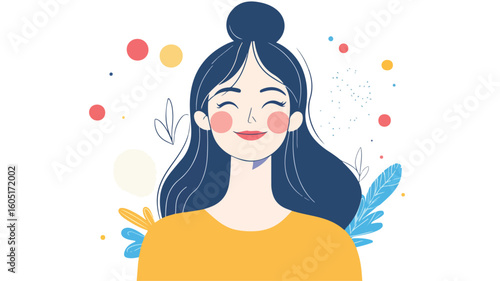 Cheerful Young Woman in Contemporary Flat Style: Happy Lifestyle Concept