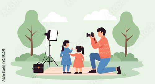 Professional Photographer Capturing Memories With Two Young Girls Outdoors
