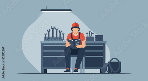 Mechanic Takes A Break Reading Instruction Manual In His Workshop