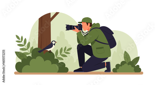 Professional Photographer Capturing Moment of Bird in Natural Wilderness Setting