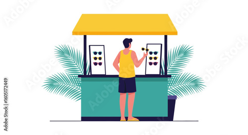Person Shopping Sunglasses At Tropical Beach Kiosk Illustration