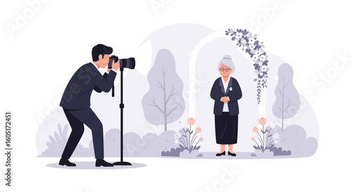 Professional Photographer Capturing Portrait Of Elegant Senior Woman Outdoors