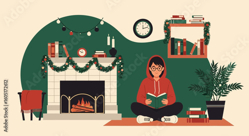 Person Reading Book Near Fireplace During Holiday Season In Cozy Room