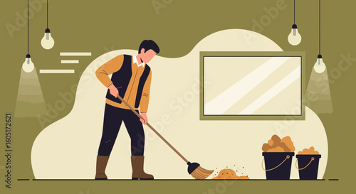 Person Sweeping Indoor Dust With Broom For Home Cleaning Illustration
