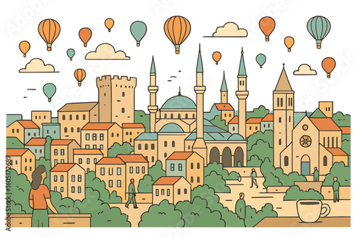 Turkish landmarks and tea are depicted in a vintage line art travel style