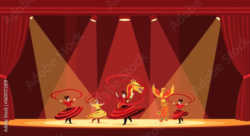 Spectacular Dragon And Phoenix Dance Performance On Stage Celebration
