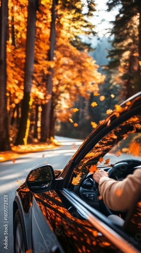Autumn Drive Through Vibrant Orange and Yellow Foliage in the Mountains.
