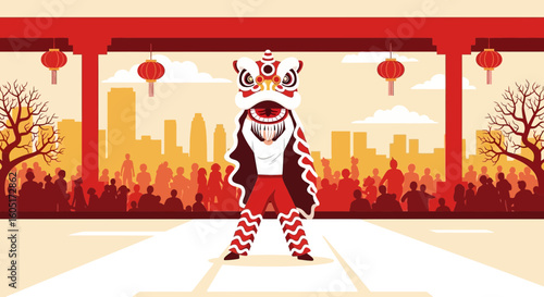 Spectacular Lion Dance Performance Delighting Crowds At A Festive Chinese New Year Celebration