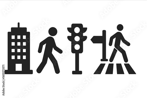 Cityscapes often feature urban symbols that represent public transportation, pedestrian areas, and vibrant street art