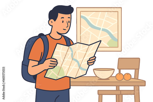 A traveler studies a city map while immersed in cultural discovery at a bustling traditional marketplace