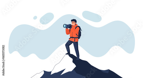 Photographer Achieving Zenith Captures Mountain Top Vistas with Camera Lens