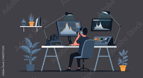 Professional Photographer Editing Digital Images At Desk With Lighting And Plants