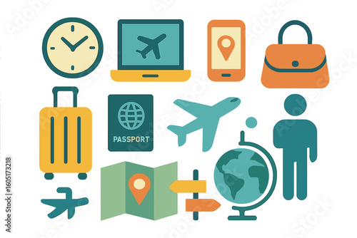 A collection of 50 linear dot icons in black on a vibrant teal background, covering multiple facets of travel blogging, ideal for those passionate about travel