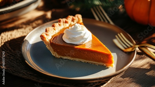 Delicious Pumpkin Pie Slice Adorned With Whipped Cream and Served on a Gray P...