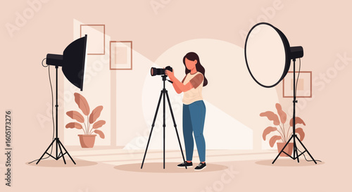 Professional Photographer Girl Taking Pictures With Camera In Studio Setup