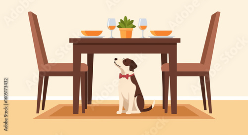 Waiting Patiently: A Cute Dog Under the Dinner Table Anticipating Food
