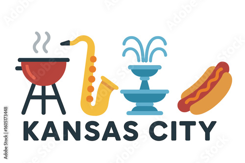 Kansas City is represented by landmark art that features BBQ, saxophone, and fountain