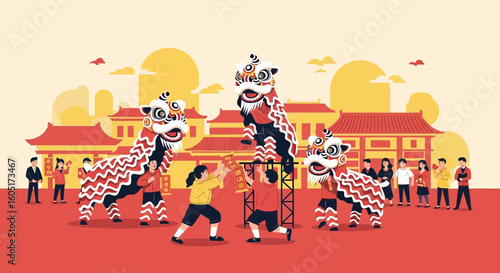 Spectacular Lion Dance Performance Showcasing Vibrant Culture Traditions And Celebration