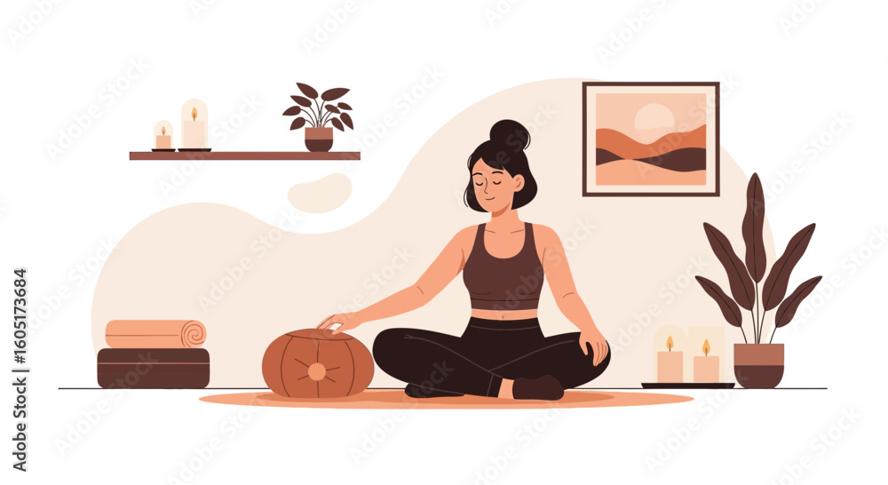 Fototapeta premium Mindful Meditation Practice Woman In Lotus Pose With Home Interior Elements