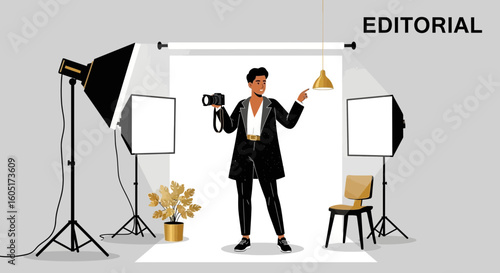 Professional Photographer Posing In A Studio With Lighting Equipment Setup