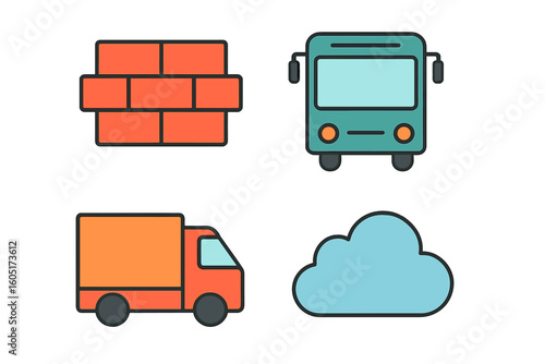 Vibrant depictions of city transit choices and road scenes highlighting buses, food trucks, and bicycles