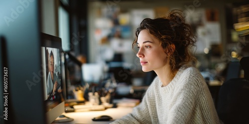 A focused young businesswoman works late in a dimly lit office, attentively participating in a remote business meeting or a strategy session on her computer via video call.