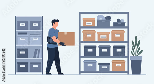 Warehouse Employee Moving Cardboard Box From Storage Shelves In Modern Office