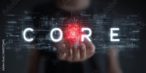 A futuristic technology concept showing a hand holding the word 'CORE' with the letter 'O' as a glowing red neural network, surrounded by a complex holographic data interface.