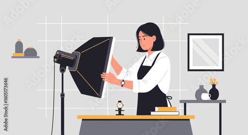 Professional Photographer Preparing Lighting Equipment For Product Photography Session