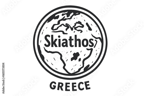 Vector illustration of a dark grey rubber stamp featuring a Skiathos island map silhouette, presented in a retro style as a handmade label, badge or element suitable for travel souvenirs