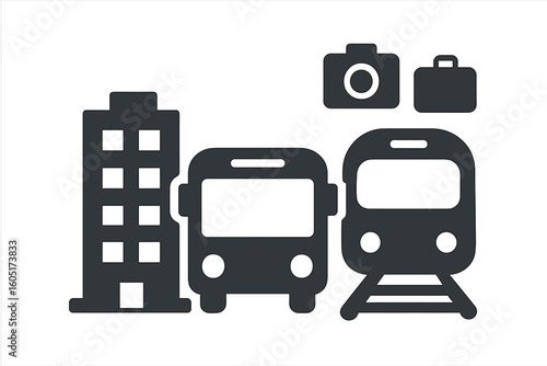 Representative image depicting various travel components such as a train, camera, famous landmark, and sturdy hiking boots