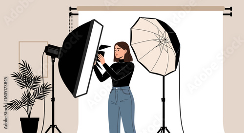 Professional Photographer Setting Up Lighting Equipment In The Studio For Photoshoot