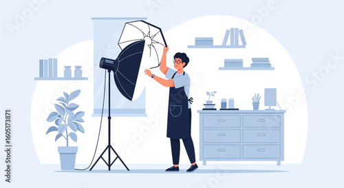 Professional Photographer Setting Up Studio Lighting Equipment In Interior Room