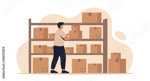 Warehouse Worker Arranging Packages On Shelves For Distribution Or Stocktaking