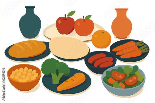 Georgian cuisine featuring khinkali dumplings, soup, khachapuri, and fresh herbs is ideal for themes related to ethnic food, culinary culture, and travel