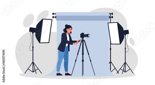 Professional Photographer Woman In A Photography Studio With Equipments And Background