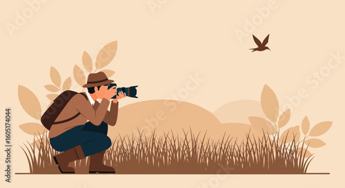 Photographer Capturing A Bird In Flight In A Serene Natural Landscape