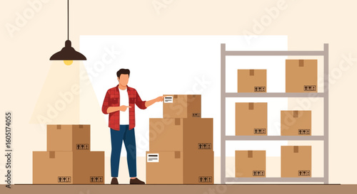 Warehouse Worker Inspecting Boxes In Storage Room Stock Illustration