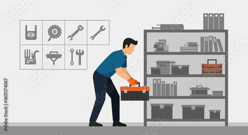 Warehouse Worker Grabbing a Toolbox From Shelf Storage Equipment Service Tools