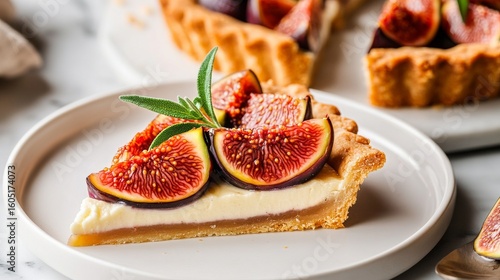 Delicious Cheesecake Topped With Fresh Figs and Berries on a White Plate.