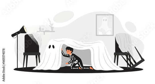 Spooky Fun Boy In Skeleton Costume Plays Under Sheet Ghost At Home