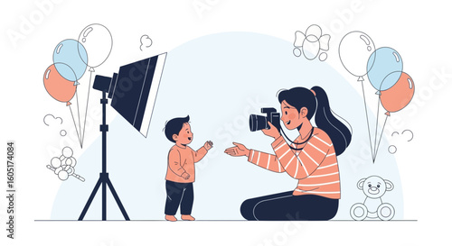 Professional Photographer Woman Taking Pictures Of A Toddler In Studio