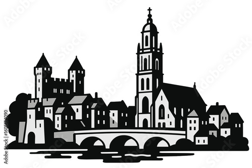 Depiction of a traditional gondola, vintage buildings, and a tavern sign, capturing the essence of a quaint Italian seaside town atmosphere